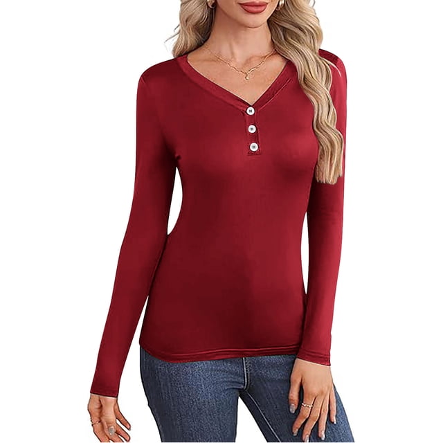AUNVITO Women's V-Neck Button-Down Thermal Long Sleeve Blouse with Soft Brushed Fabric for Everyday Comfort and Style