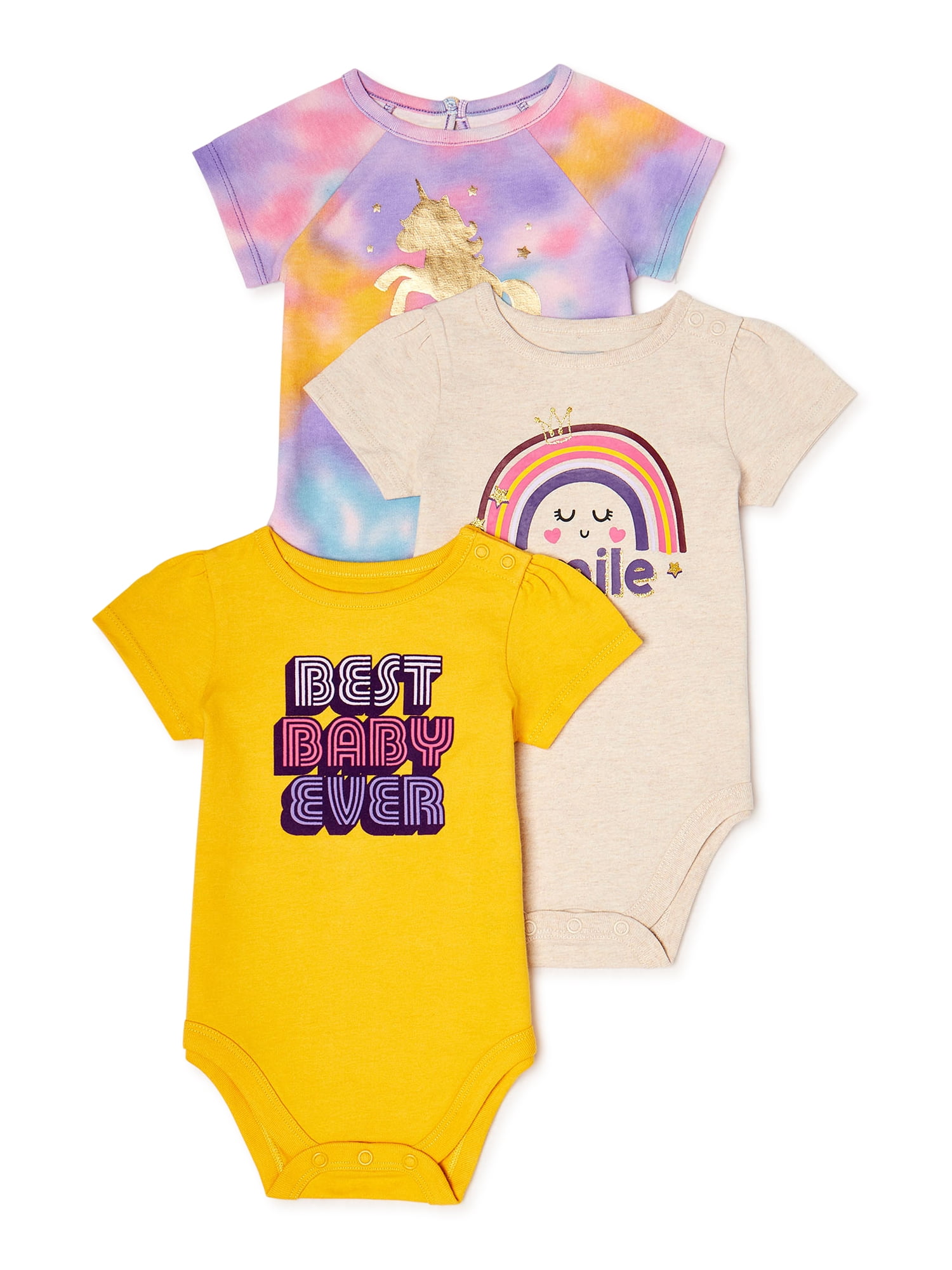 Garanimals Baby Girl Short Sleeve Bodysuit Multipack, 3Pack, Sizes 0