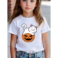 thumbnail image 1 of Halloween T-shirt - Girls' Halloween Cat in Pumpkin Graphic T-Shirt - Cute Cartoon Design with Bats & Pumpkin, Stretchy Knit Fabric, Regular Fit Casual Top for Spring Summer Fall, Halloween Outfi, 1 of 6
