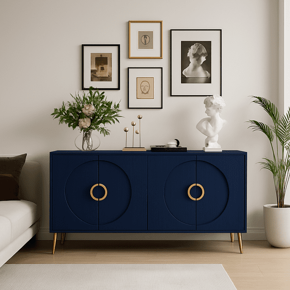 Modern Lacquered 4 Door Wooden Cabinet Sideboard Buffet Server Cabinet Storage Cabinet, for Living Room, Entryway, Hallway, Office, Kitchen and Dining Room, Navy Blue
