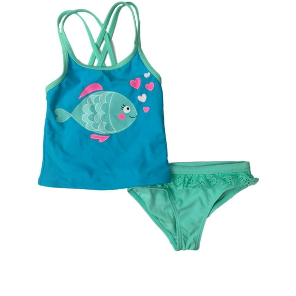 Girls Turquoise & Mint 2- Piece Swimming Suit Fish & Hearts Swimsuit Set 4