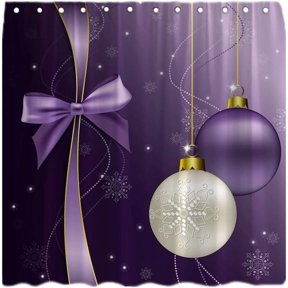 Christmas Ball Shower Curtain Purple Golden Xmas Balls Ribbon Snowflake Fantasy Merry Christmas Winter Holiday Dreamy Xmas Ball Decor Fabric Bath Curtain with Hook