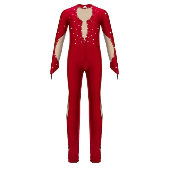 Jowowha Gymnastics Leotards for Girls One Piece Sparkle Long Sleeve Full Length Ballet Bodysuit Red 6
