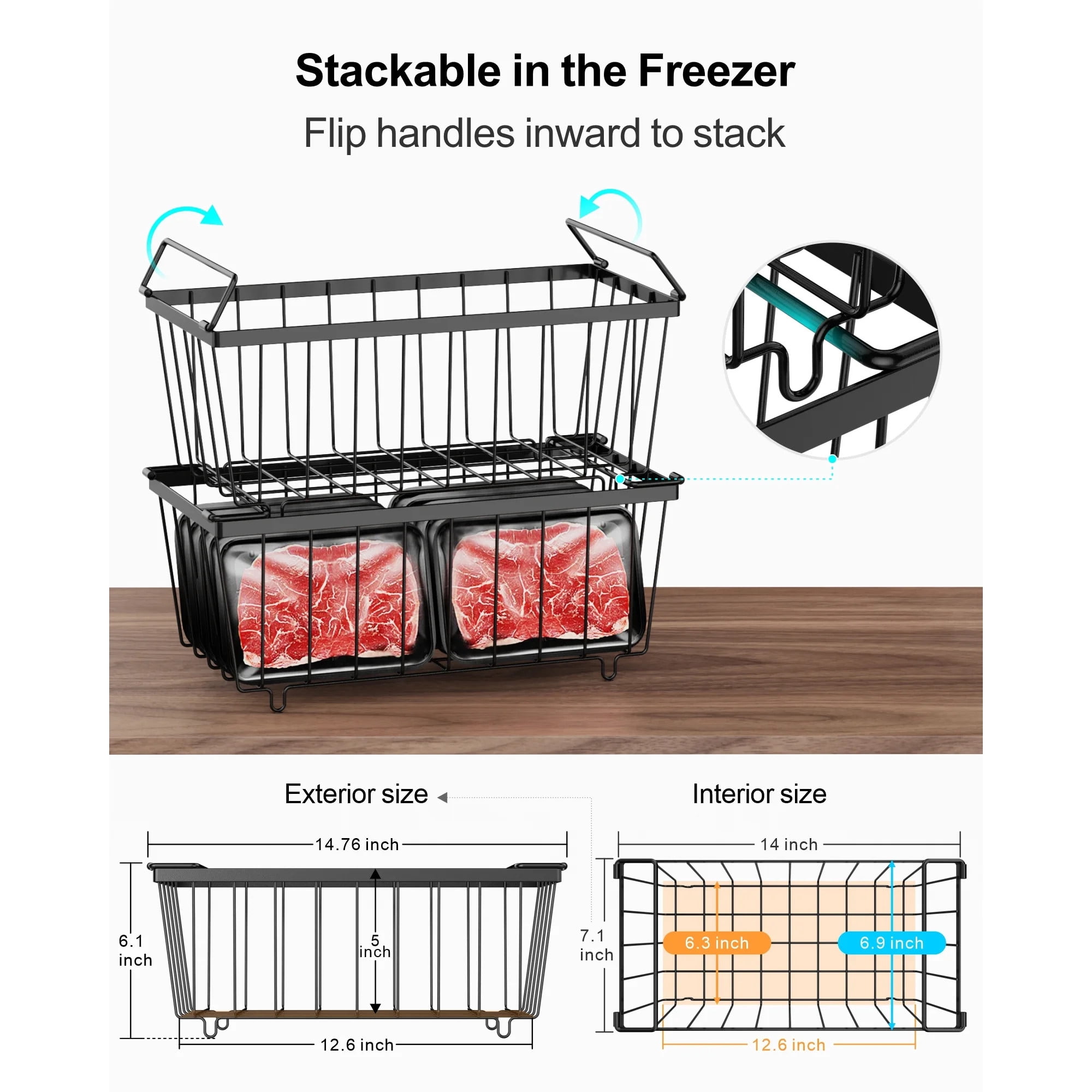 TEAFIRST 4 Pcs Stackable Freezer Baskets, Organizer Bins with Handle for 7 Cu.FT Chest Freezer Black