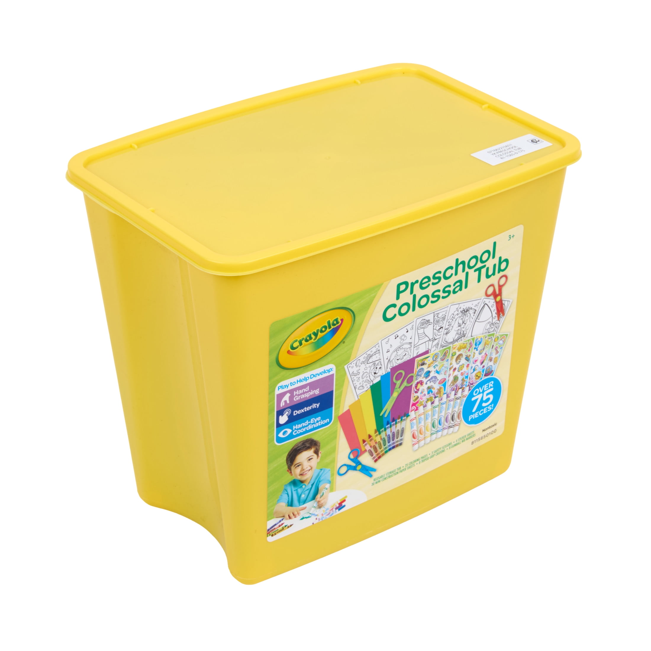 Crayola Young Kids Preschool Colossal Tub, Arts and Crafts Kit, Tipod Markers, Safety Scissors, Creative Toddler Gift, Ages 3, 4, 5, 6