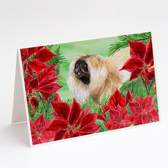 Pekingese Poinsettas Greeting Cards and Envelopes Pack of 8