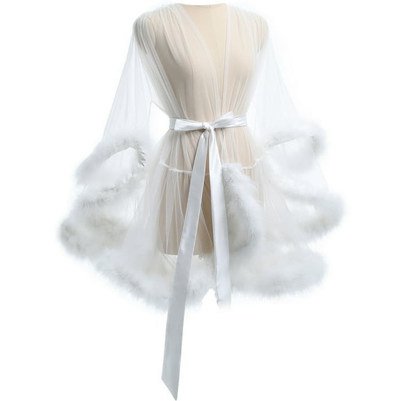Women's Furry Trim Long Sleeve Dressing Gown Sheer Mesh Chemise Dress See Through Lingerie Belted Kimono Robe Nightgown