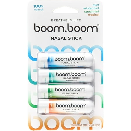 BoomBoom Nasal Stick (4 Pack) | Enhances Breathing + Boosts Focus | Provides Fresh Cooling Sensation | Aromatherapy Inhaler Made with Essential Oils + Menthol (Mint, Wintermint, Tropical, Spearmint)