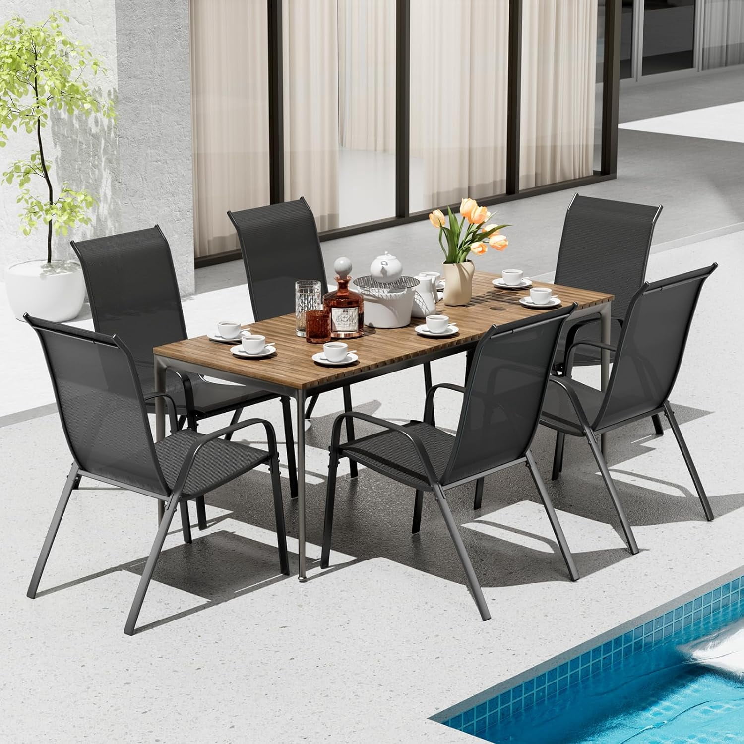 LAZY BUDDY Patio Dining Chairs Set of 6, Outdoor Stackable Dining Furniture Set, All Weather Dining Chairs Set for Backyard Deck Poolside
