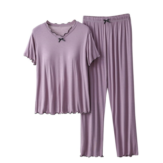 AherBiu Pyjama pour Femmes Ensemble Haut à Volants à Manches Courtes avec Soutien-Gorge Intégré Pantalon de Pyjama Long Tenue de Nuit Tenue d'Intérieur
