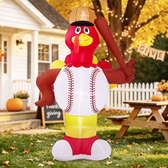 Novtech 6-FT Thanksgiving Inflatables Baseball Turkey Outdoor Decorations, Lighted Blow Up Turkey with Bat for Harvest Fall Decor, Fall Inflatables Outdoor Decorations for Lawn Garden Porch Party