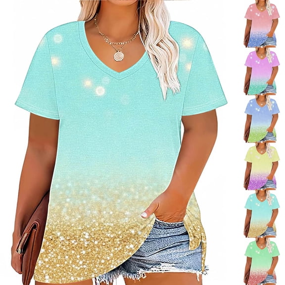 Fengqque Womens Summer Tops Short Sleeve Women's Plus Size V-neck Printed Short Sleeve Summer Base T-shirt Short Sleeve V-neck Top/Shirt Women's Top Yellow XL(XL)