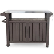 Keter Unity XL Outdoor Kitchen Rolling Bar Cart with Storage Cabinet, Brown