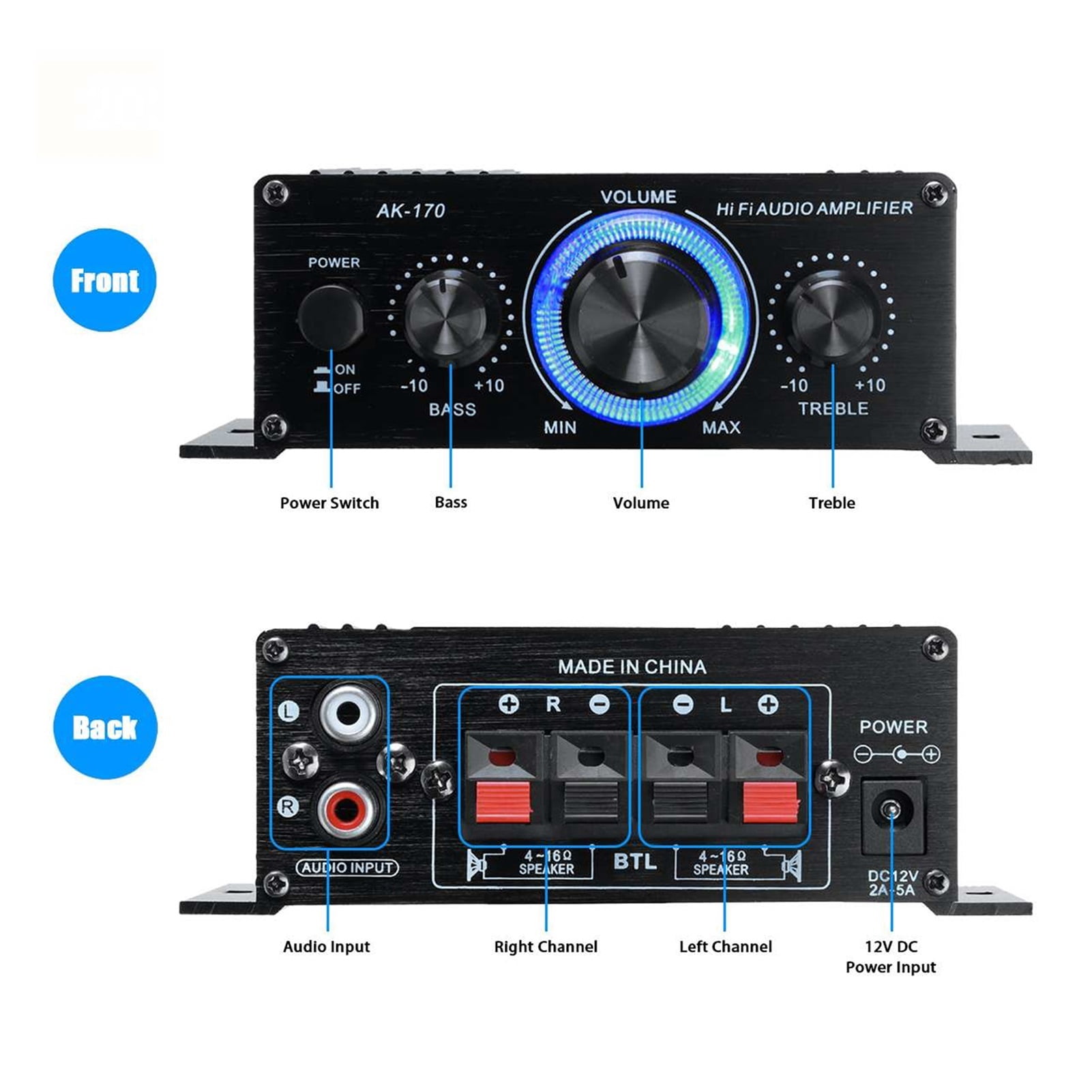 AK380/AK370/AK170 400W*2 2 Channel Bluetooth HiFi Power Amplifier Home Car Audio Class D Remote Control FM Radio AUX USB/SD ,Scalable Fun