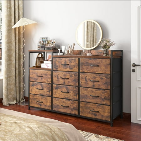 EnHomee Dresser for Bedroom with 11 Drawers, Long Dresser TV Stand with Shelf, Large Dresser for Bedroom, Storage Dresser & Chests of Drawers with Sturdy Metal Frame & Wood Top,Rustic Brown