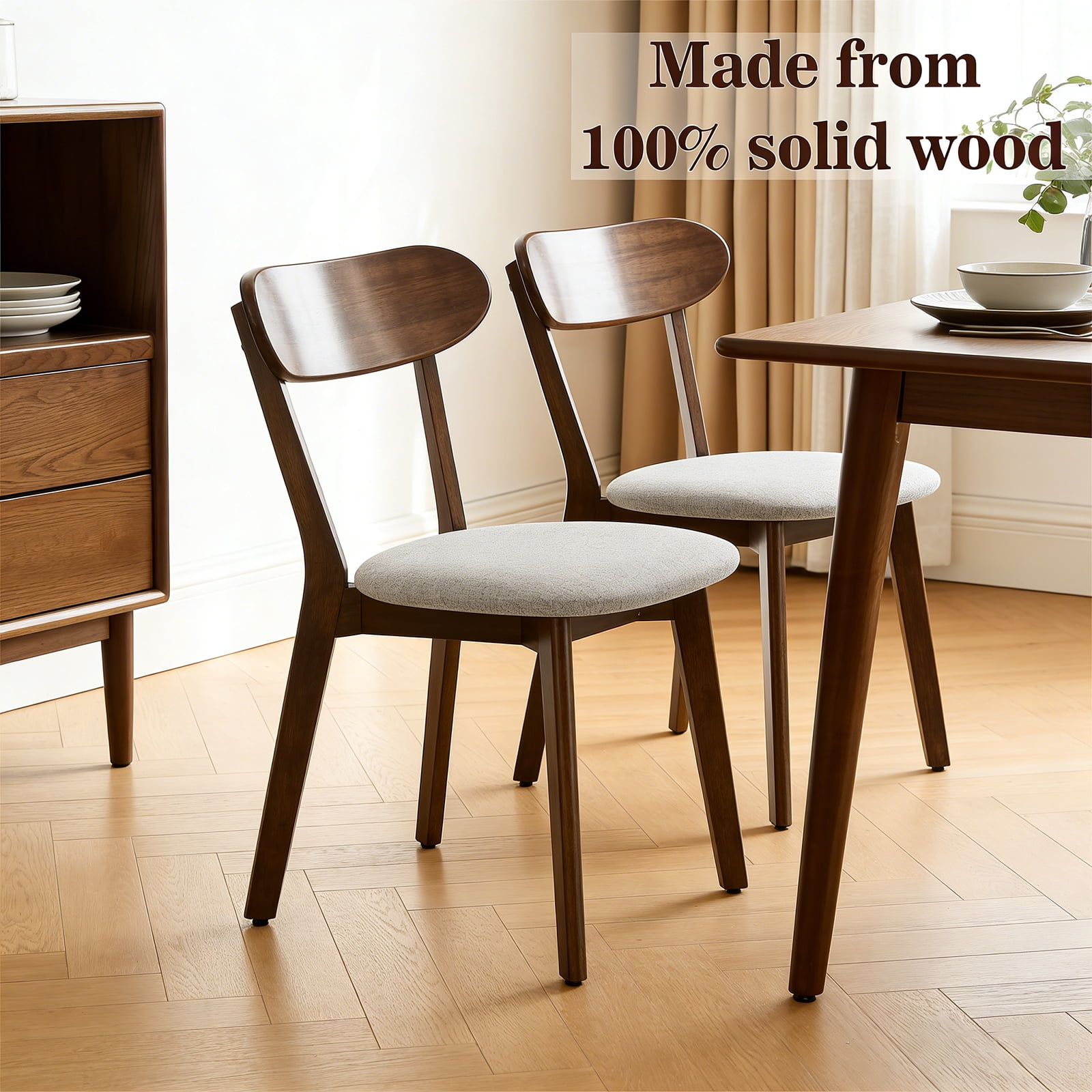 Dining Chairs, Set of 2 Solid Wood with Upholstered Cushion, Curved Backrest and Adjustable Foot Pads, Mid Century Design for Dining Room, Walnut with Gray Cushion