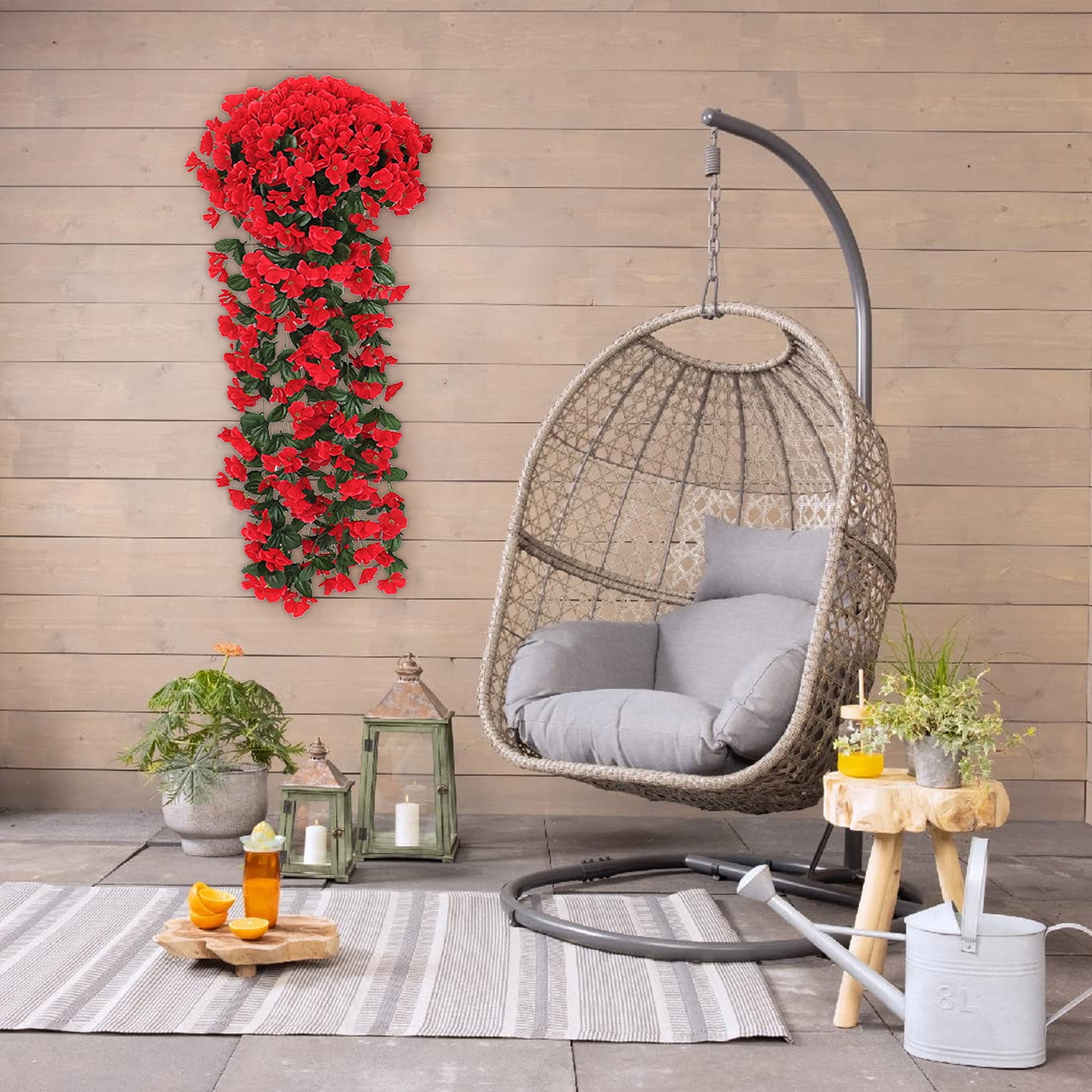1pcs Artificial Hanging Flowers Outdoor Faux Plants Spring Decor Fake Mums Violets with Eucalyptus Realistic UV Resistant Trailing Vines Porch Yard Indoor Five-petal