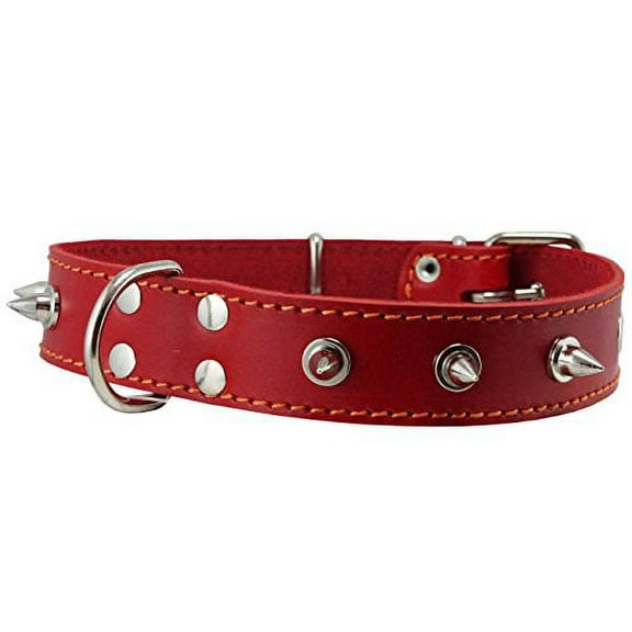 Grey Real Leather Red Spiked Dog Collar Spikes, 1.25" Wide. Fits 15.5"-20" Neck, Medium Breeds