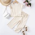 thumbnail image 2 of Ugoldhm Girls 2Pcs Outfits Cotton Stylish Short Sleeve Top and Pants Set Cute Clothing,Beige,1-7 Years, 2 of 3