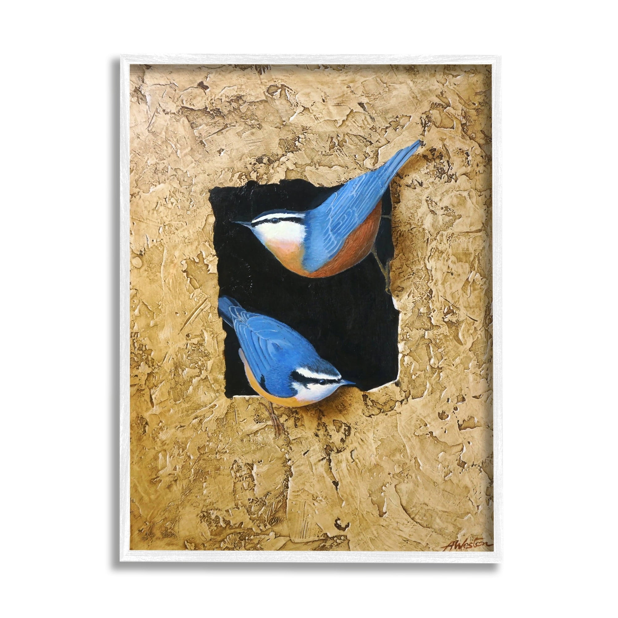 Stupell Industries Blue Bird Pair Perched Rough Layered Structure Painting White Framed Art Print Wall Art, Design by Alan Weston