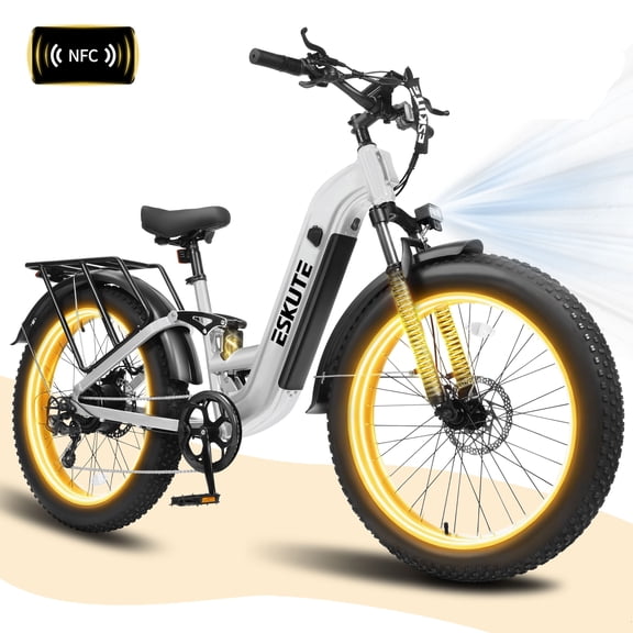 ESKUTE C300R 750W Electric Bike for Adults, 48V 20.8Ah Battery, 26"x4.0" Fat Tire Step-Thru Ebike, 20MPH, 80 Miles, Full Suspension Electric Bicycle, 8-Speed White, UL2849