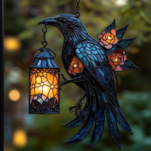 Raven Lantern Acrylic Suncatcher – Gothic Crow Faux Stained Glass Window Hanging With Roses, Witchy Autumn Decor Gift