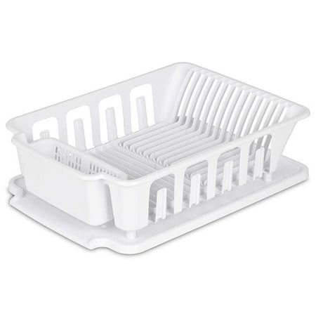 Sterilite Heavy Duty Sturdy Hard Plastic 2 Pc Sink Set With Dish Rack Large With Drainer & Drainboard,Snap Lock Tabs,Cup Holders for Home Kitchen Counter Top Organize