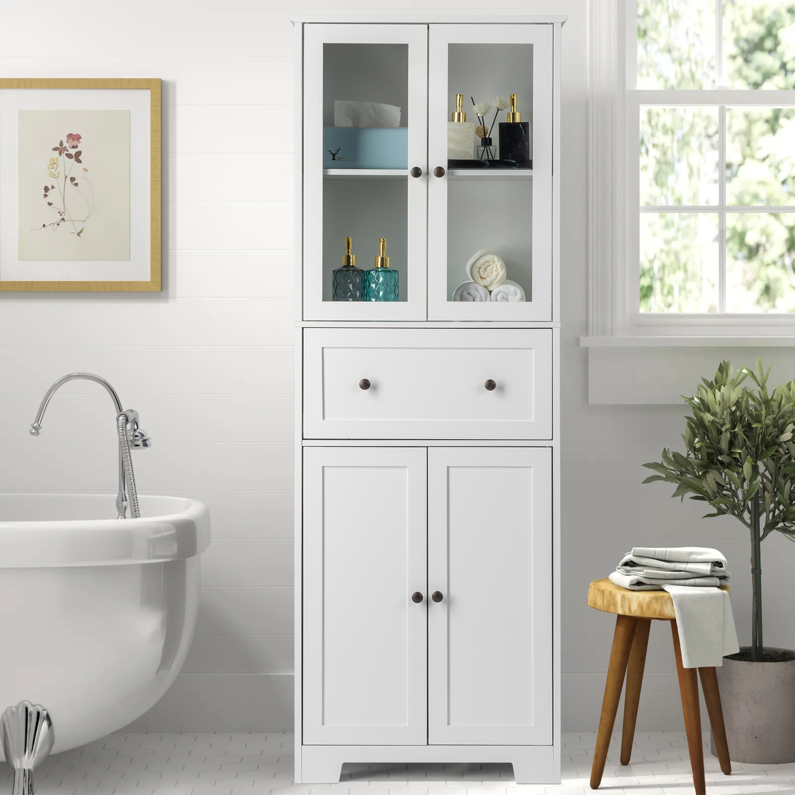 Ktaxon Bathroom Cabinet with 4 Doors 1 Drawer, Large Storage Organizer w/ 2 Adjustable Shelves for Office Living Room, White