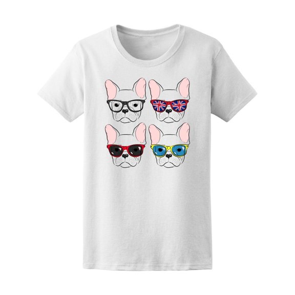 Four French Bulldogs In Glasses Tee Women's -Image by Shutterstock
