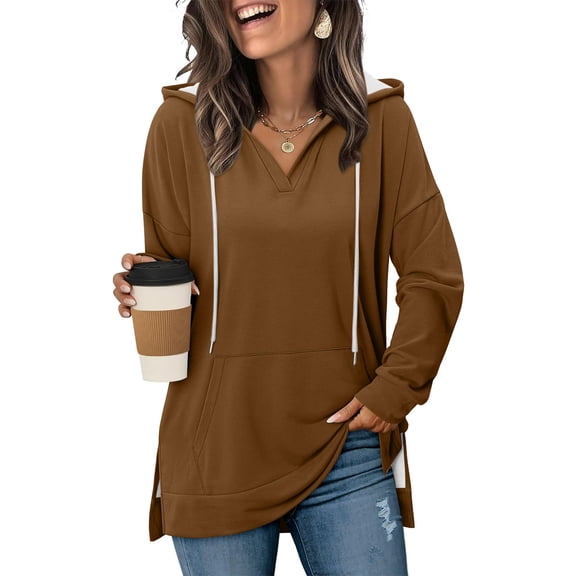 OGLCCG Hoodies for Women Fashion Split Hem Drawstring Casual Long Sleeve Hooded Sweatshirts with Pockets Spring Fall Loose Pullover Tops,L,Brown