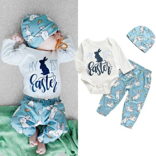 Cute Toddler Baby Girl Easter Short Sleeve Cartoon Top+Long Pants Kid Outfit Set 