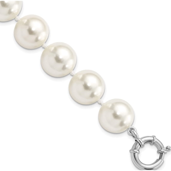 Sterling Silver S Majestik Rh-Pl 14-15mm Wht Imitat Shell Pearl Hand Knotted Brace (7.5 X 14) Made In Canada qmjb14w-7.5