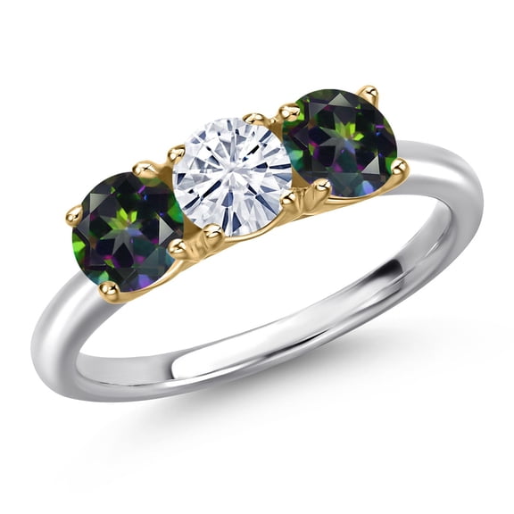 Gem Stone King 925 Silver and 10K Yellow Gold White Moissanite and Green Mystic Topaz Engagement Ring for Women | 1.60 Cttw | Round 5MM | Gemstone Birthstone | Size 7