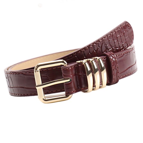 Burgundy Women'S Faux Leather Dress Belt, Gold Buckle Fashion Waist Accessory For Jeans, Pants, Dresses