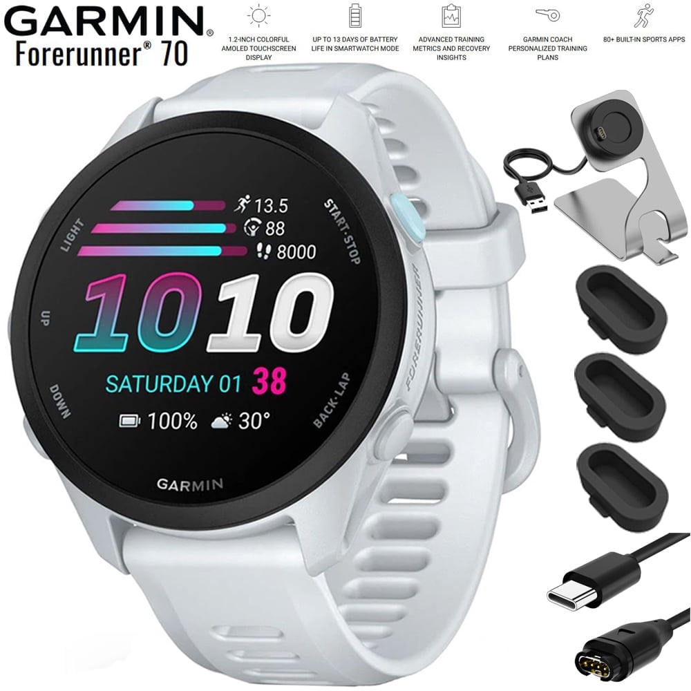 Garmin Forerunner 70 Whitestone 010-04307-01 Bundle with Deco Essentials Charging Dock, Silicone Dust Cover for Garmin Watch 3 Pack and USB Type C Charging and Sync Cable