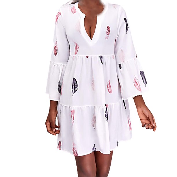 Vestido de manga larga para mujer Vestido maxi de cintura alta con estampado de cuello en V Vestido casual Fridja nbo4000