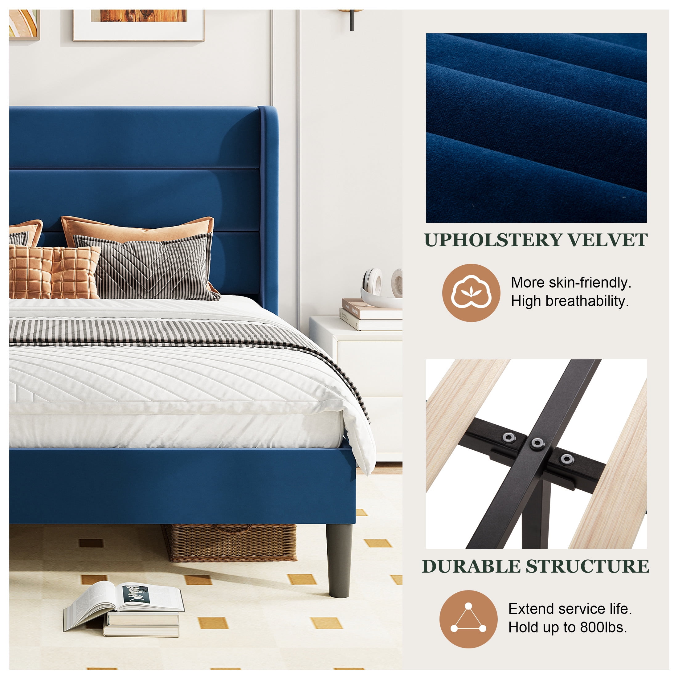 Amolife King Size Platform Bed Frame with Velvet Upholstered Wingback Headboard, No Box Spring Needed, Dark Blue