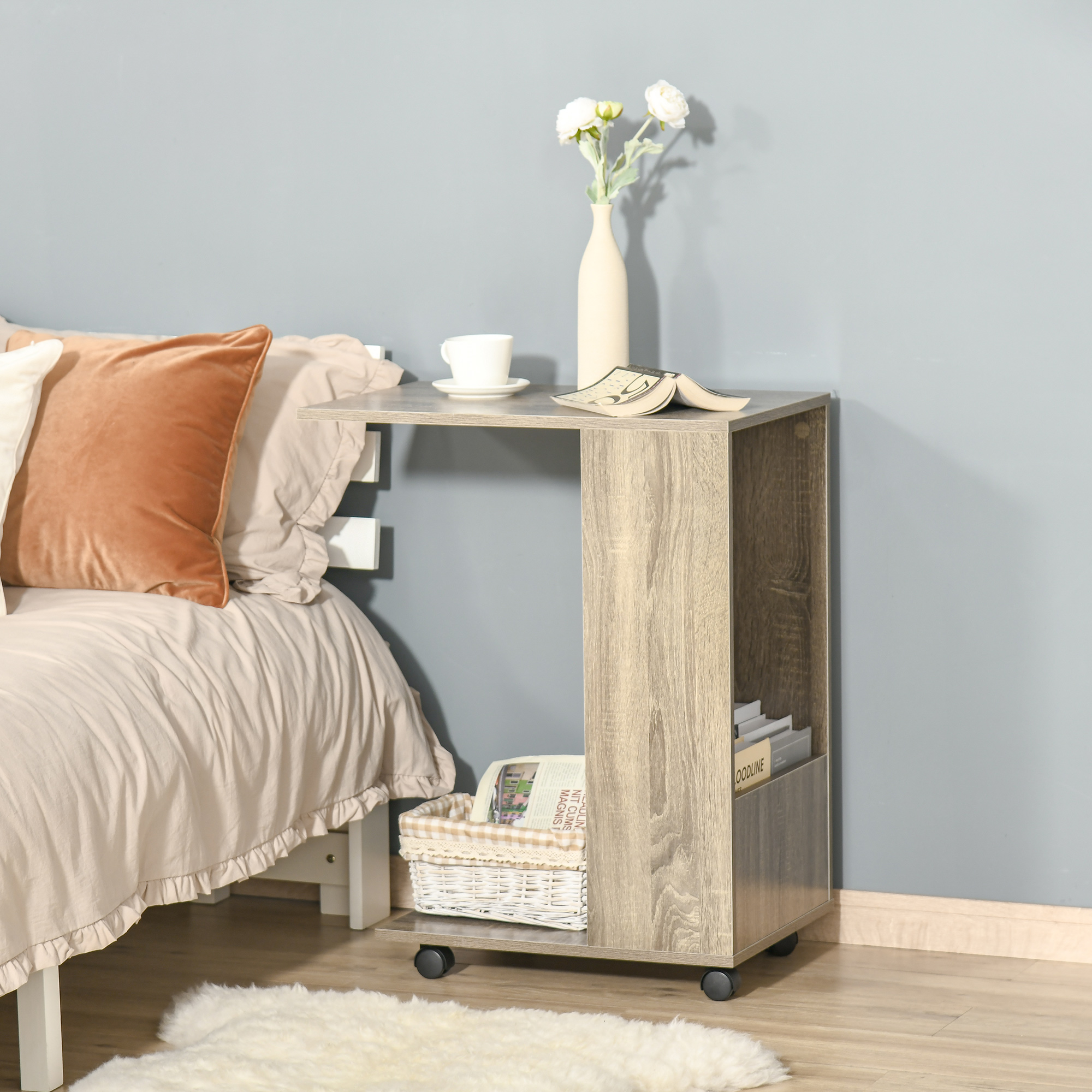 Buy Rolling Beside Table Sofa Side Table Tray with Storage and Casters, Grey Online at