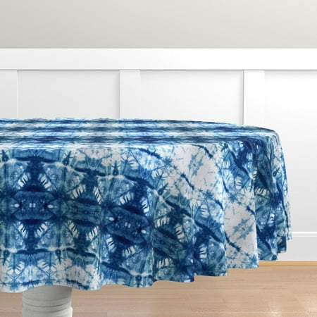 

Cotton Sateen Tablecloth 90 Round - Boho Indigo Shibori Vintage Blue Tie Dye Bohemian Modern Print Custom Table Linens by Spoonflower