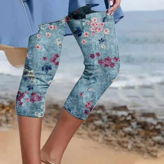 Babysbule Womens Pants Women's Summer Casual Elastic Waist Printed Cropped Pants