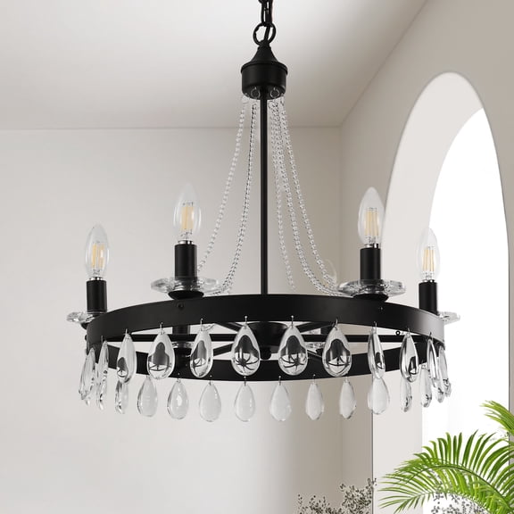 LOHASLED 31.5in 6-Light Crystal Chandelier, Matte Black Pendant Light Fixture with E12 Base, Hanging Ceiling Lamp for Dining Room Living Room
