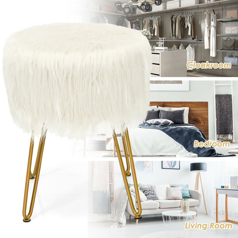 Finihen Faux Fur Vanity Stool Chair, Footstool Ottoman, Fluffy Chair with with Metal Legs, Makeup Stool, Decorative Furniture Footrest, for Living Room, Bedroom, White Finihen Faux Fur Vanity Stool Chair, Footstool Ottoman, Fluffy Chair with with Metal Legs, Makeup Stool, Decorative Furniture Footrest, for Living Room, Bedroom, White