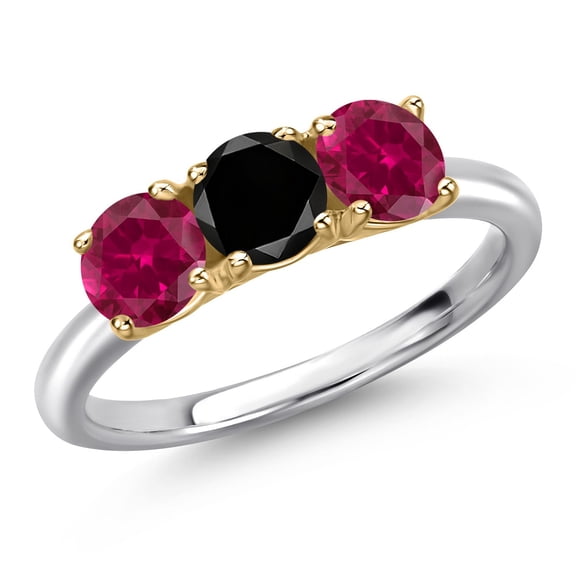 Gem Stone King 925 Silver and 10K Yellow Gold Black Diamond and Red Created Ruby Engagement Ring for Women | 1.75 Cttw | Round 5MM | Gemstone April Birthstone | Size 7