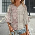 thumbnail image 3 of Dusty Rose Patterned Fabric Design Women's V-Neck Blouse With 3/4 Ruffled Bell Sleeves Casual Top Ladies Blouses, 3 of 7