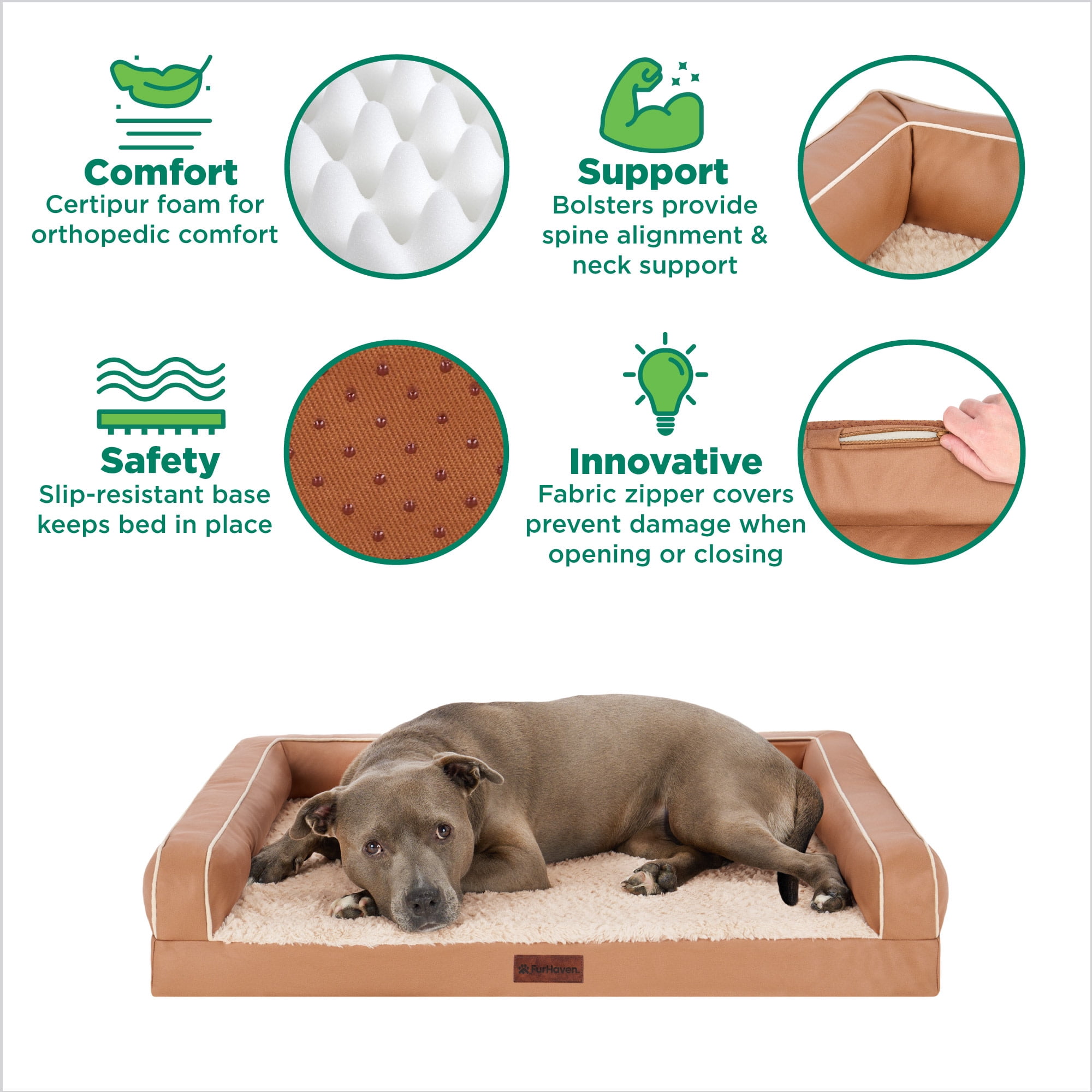 FurHaven Medium (20"x30") Orthopedic Dog Bed – Textured Plush & Coated Poly Modern Sofa Pet Bed, CertiPUR-US Foam, Removable Washable Cover, Camel