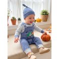 thumbnail image 5 of RUINIXCW Baby Boy Halloween Outfit Striped Crew Neck Long Sleeve Romper Pumpkin/Ghost Embroidery Overalls and Hat 3 Pcs Set, 5 of 9