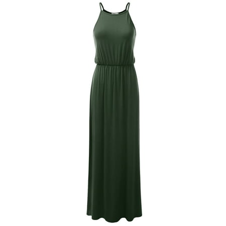 Triangle Halter Long Dress (Doublju Women's Sleeveless Loose Fit Plain Side Slit Maxi Dresses Casual Halter Neckline Long Dresses ARMYGREEN)