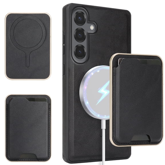 For Samsung Galaxy S24 Wallet Case Magnetic Card Holder, Compatible with Magsafe, RFID Blocking 2 in 1 Detachable Kickstand Back Flip Vintage Leather Shockproof Case for Women Men,Black
