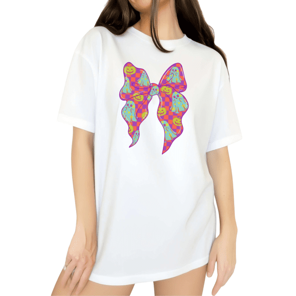 Cozymy Plaid Pumpkin Bow Graphic Tee Short Sleeve Crewneck Halloween Print Shirt for Women