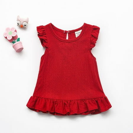 

kpoplk Kids Tshirt Ruffle Blouse Baby Girl Fly Sleeve Color Solid Clothes Cotton Tops Kids Girls Tops Tops For Toddler(Red)